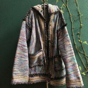 90s Hippie Baja Woven Hoodie , Open Front Sweater , Pointed Hood